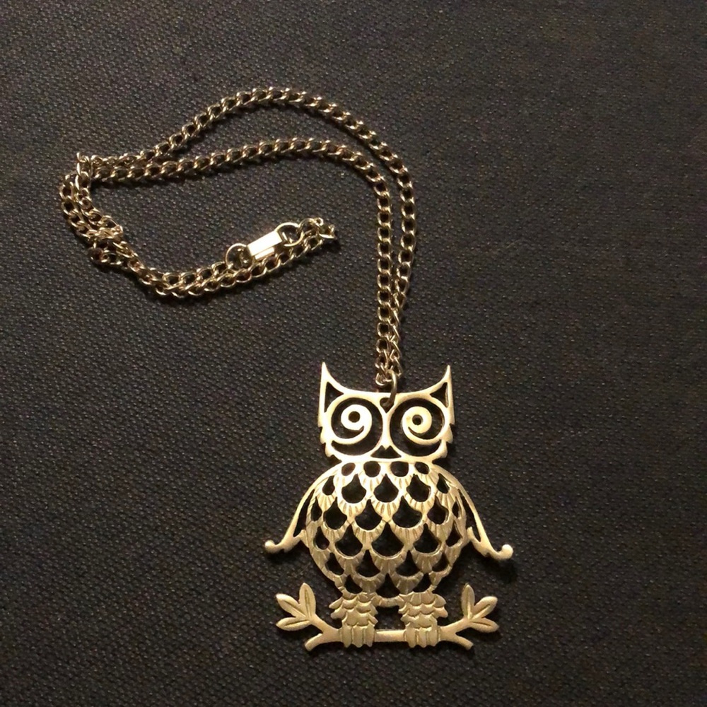 Vintage Pewter Reed & Barton Signed Owl Pendant Necklace Long Silver Chain Cute